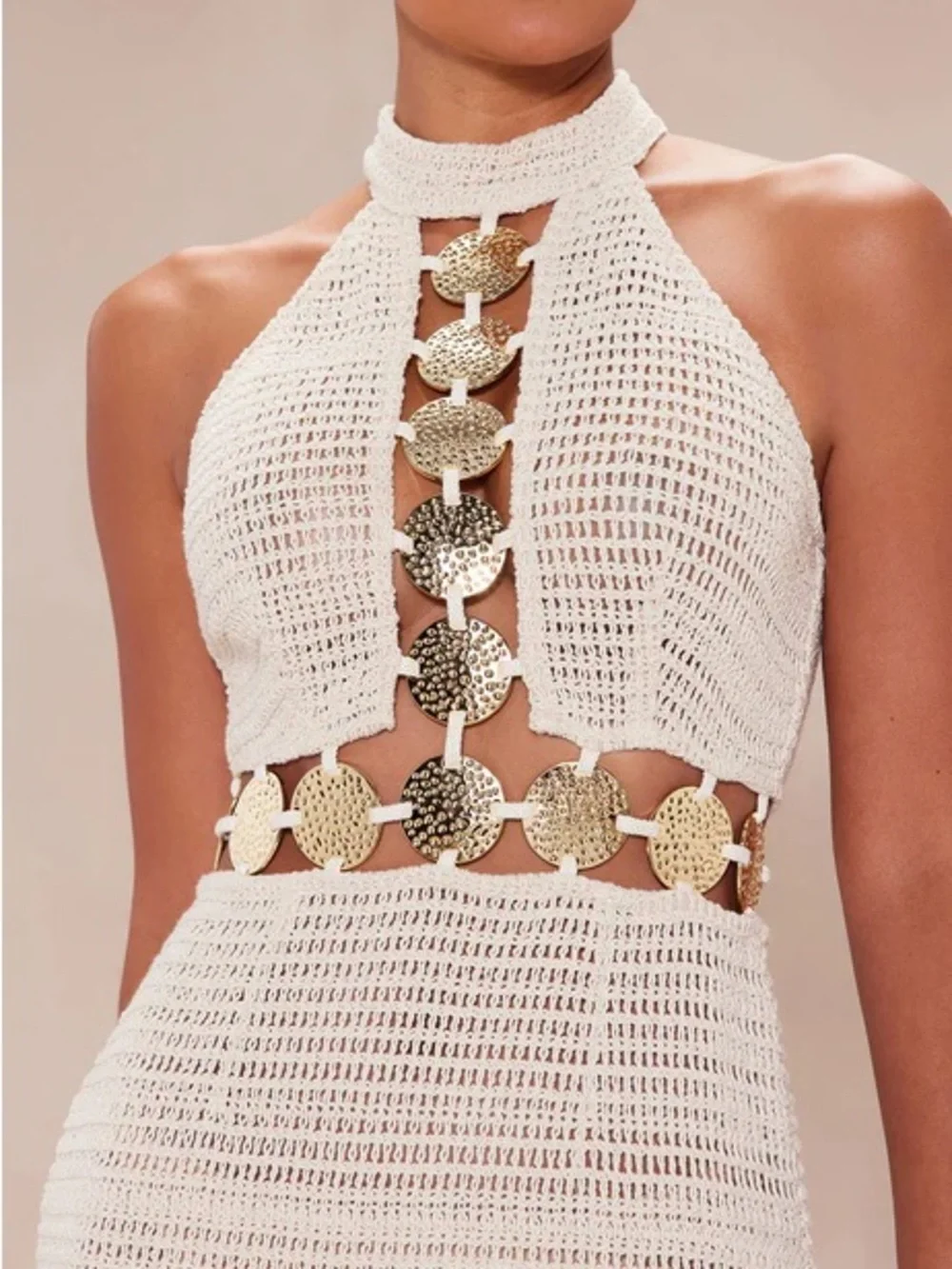 Cream Crochet Halter Maxi Dress with Gold Accent